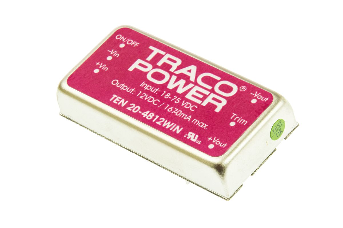 TRACOPOWER TEN 20WIN DC-DC Converter, 12V dc/ 1.67A Output, 18 → 75 V dc Input, 20W, Through Hole, +85°C Max