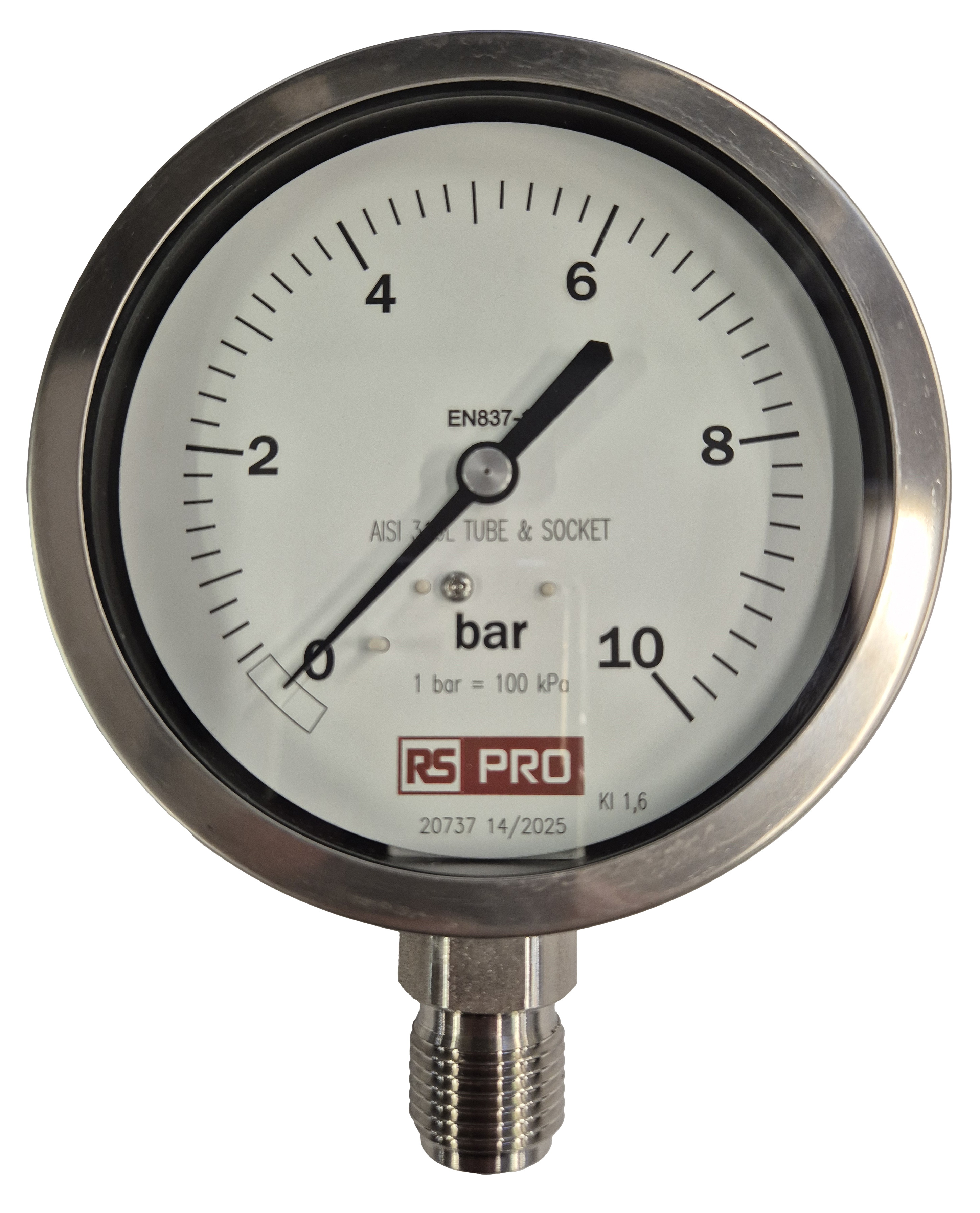 RS PRO BSP 1/2in Analogue Pressure Gauge 10bar Bottom Entry 100mm Outside Diameter