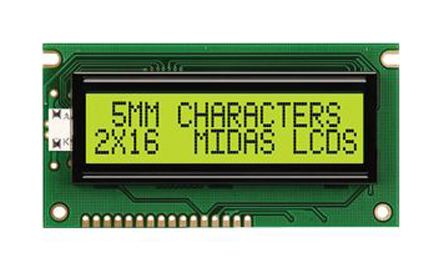 Midas MC21605A6W-SPR-V2 A Alphanumeric LCD Display, 2 Rows by 16 Characters, Reflective