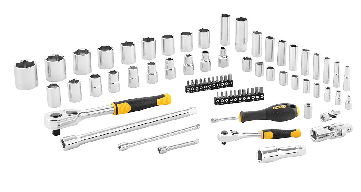 Stanley 72-Piece Metric 1/2 in; 1/4 in Deep Socket/Standard Socket/Bit Set with Ratchet, 6 point; Hex Bit; Phillips