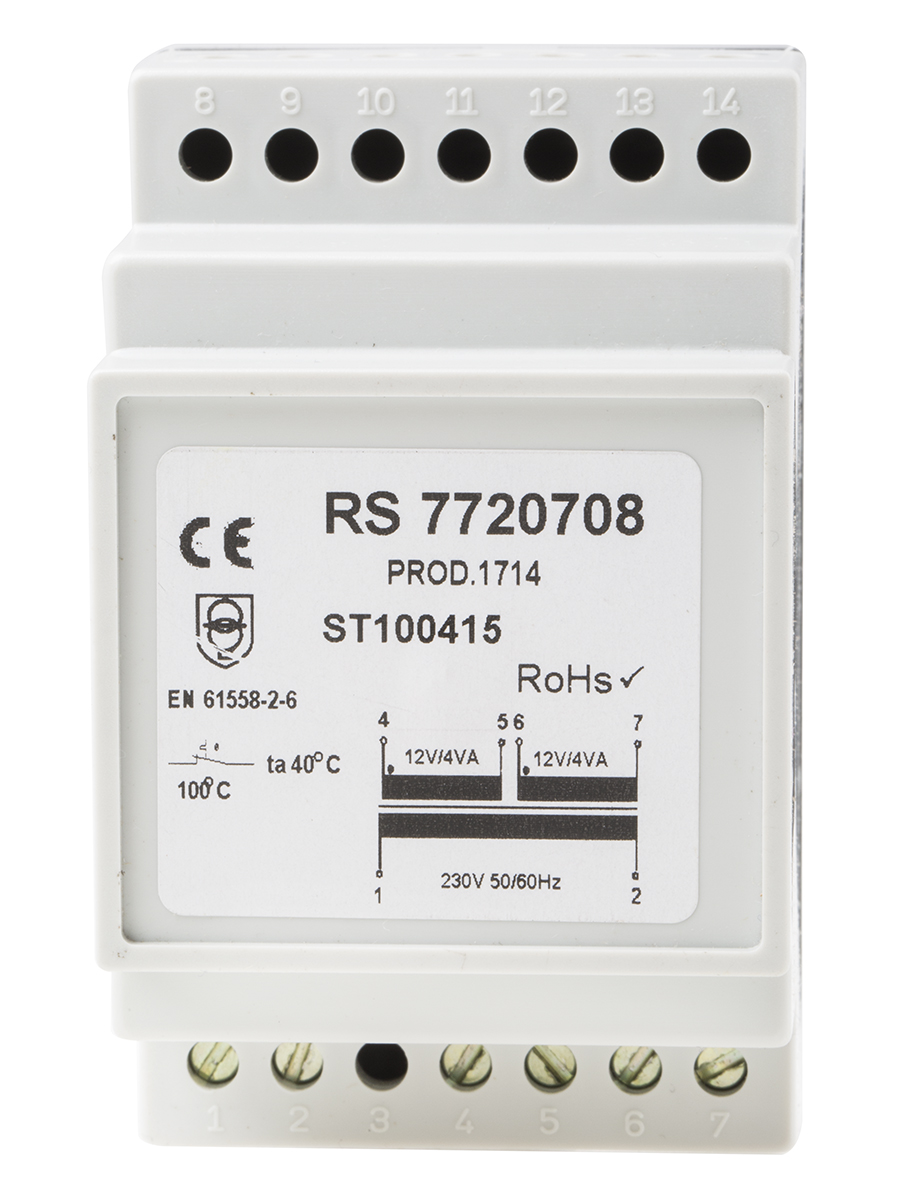 RS PRO 8VA DIN Rail Transformer, 230V ac Primary, 12V ac Secondary