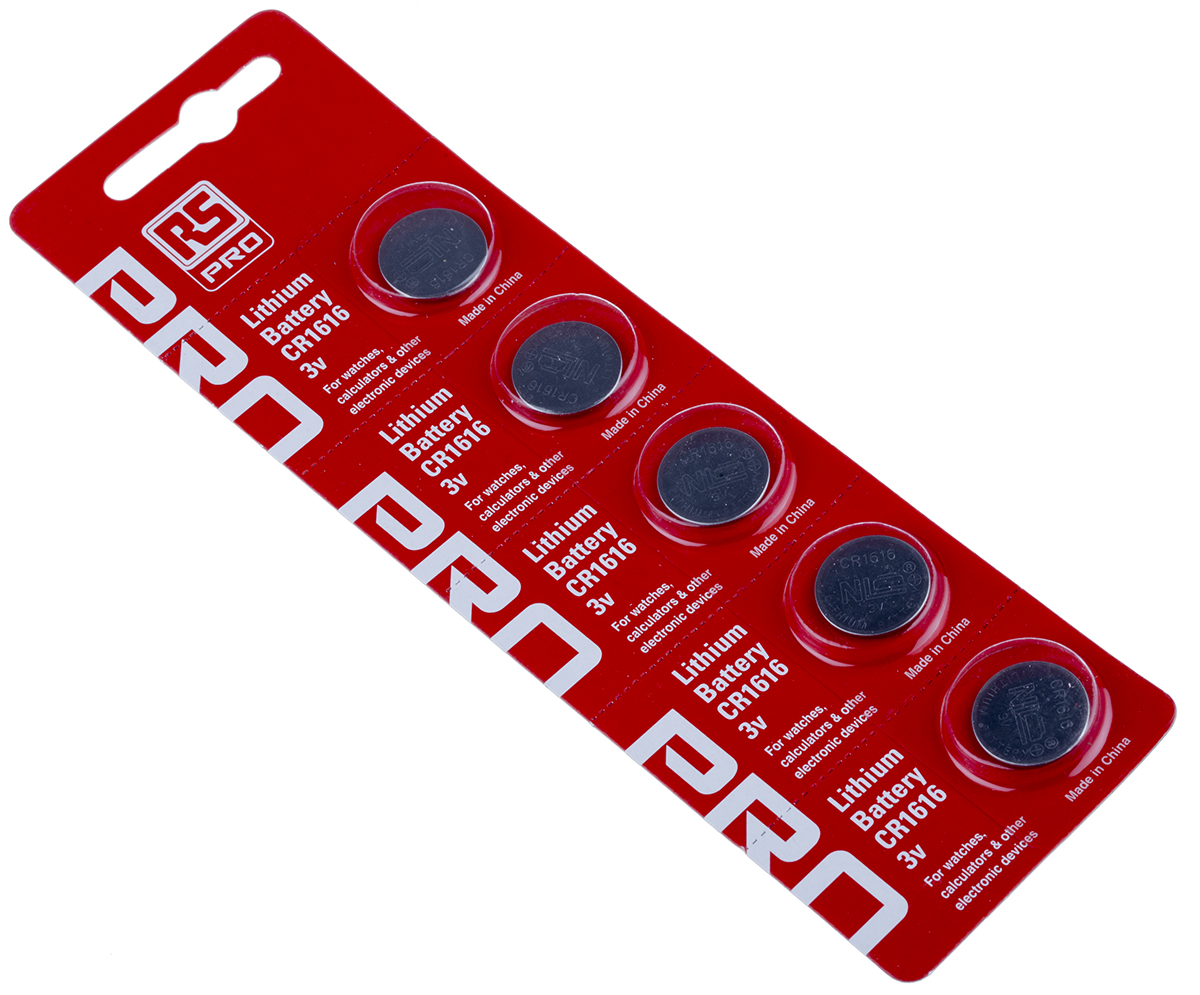 RS PRO CR1616 Button Batteries, 3V, 16mm Diameter, 5 Pack