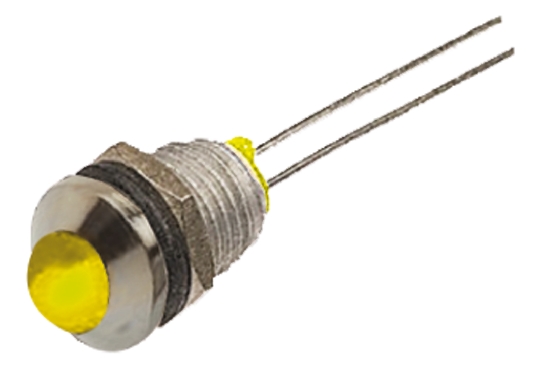 Bulgin Yellow Panel Mount Indicator, 2.1V dc, 8mm Mounting Hole Size, Lead Wires Termination