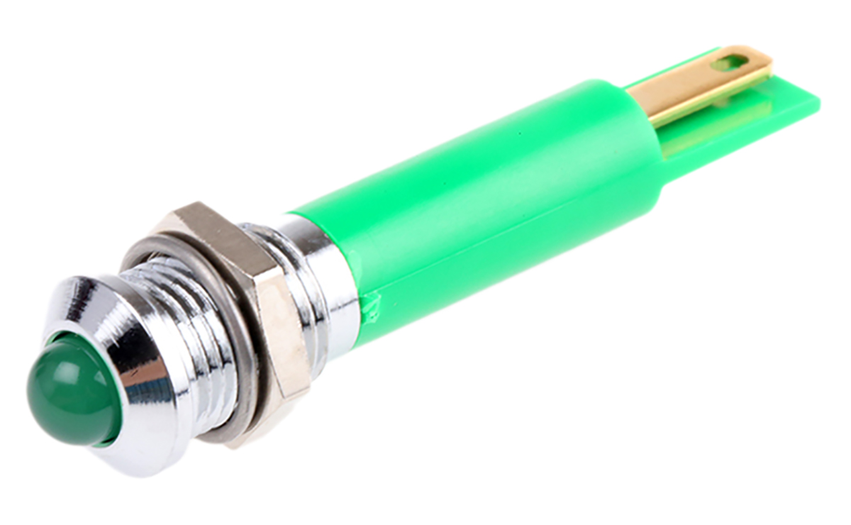 RS PRO Green Panel Mount Indicator, 12V dc, 8mm Mounting Hole Size, Solder Tab Termination
