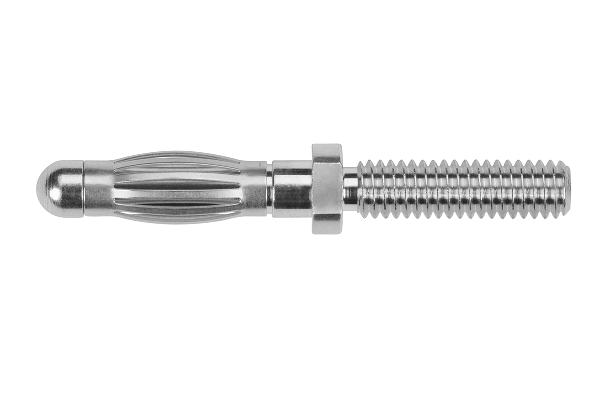 Schutzinger Silver Male Banana Plug, 4 mm Connector, M4 Thread Termination, 32A, 33 V ac, 70V dc, Nickel Plating