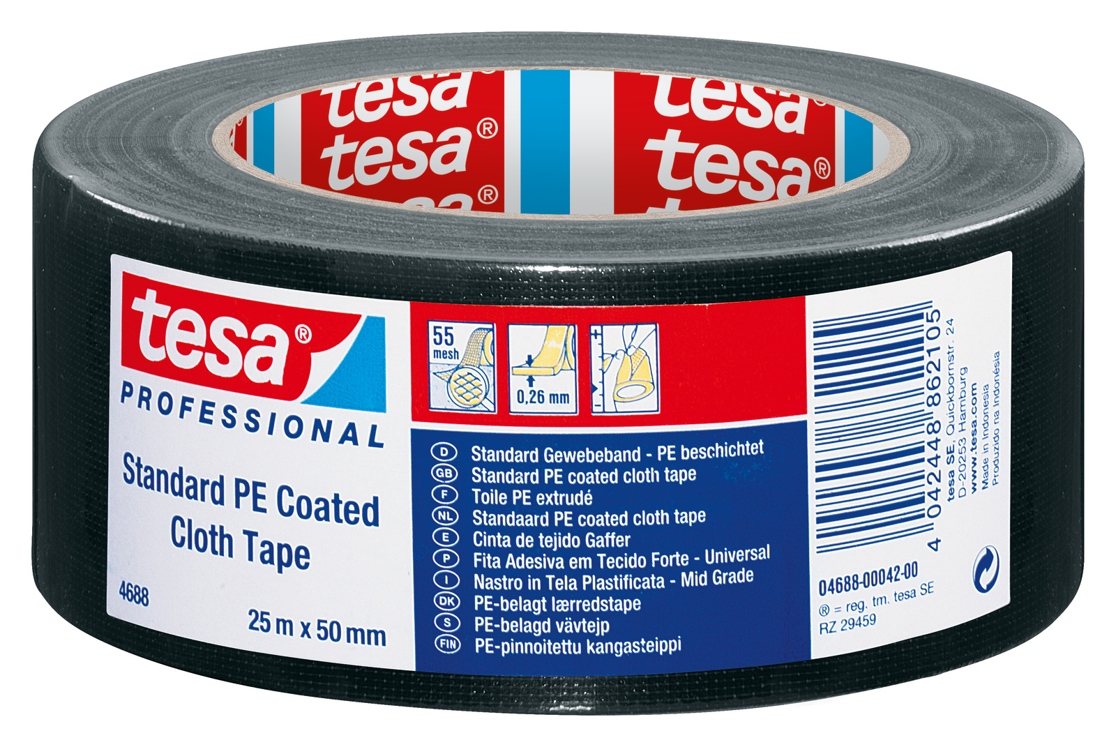 Tesa Tesa 4688 04688-00042 Cloth Tape, 25 x 50, Black, PE Coated Finish