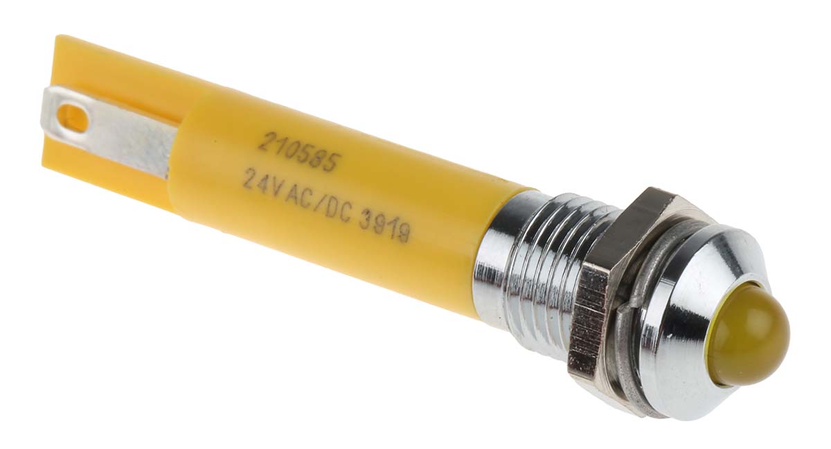 RS PRO Yellow Panel Mount Indicator, 24V ac, 8mm Mounting Hole Size, Solder Tab Termination