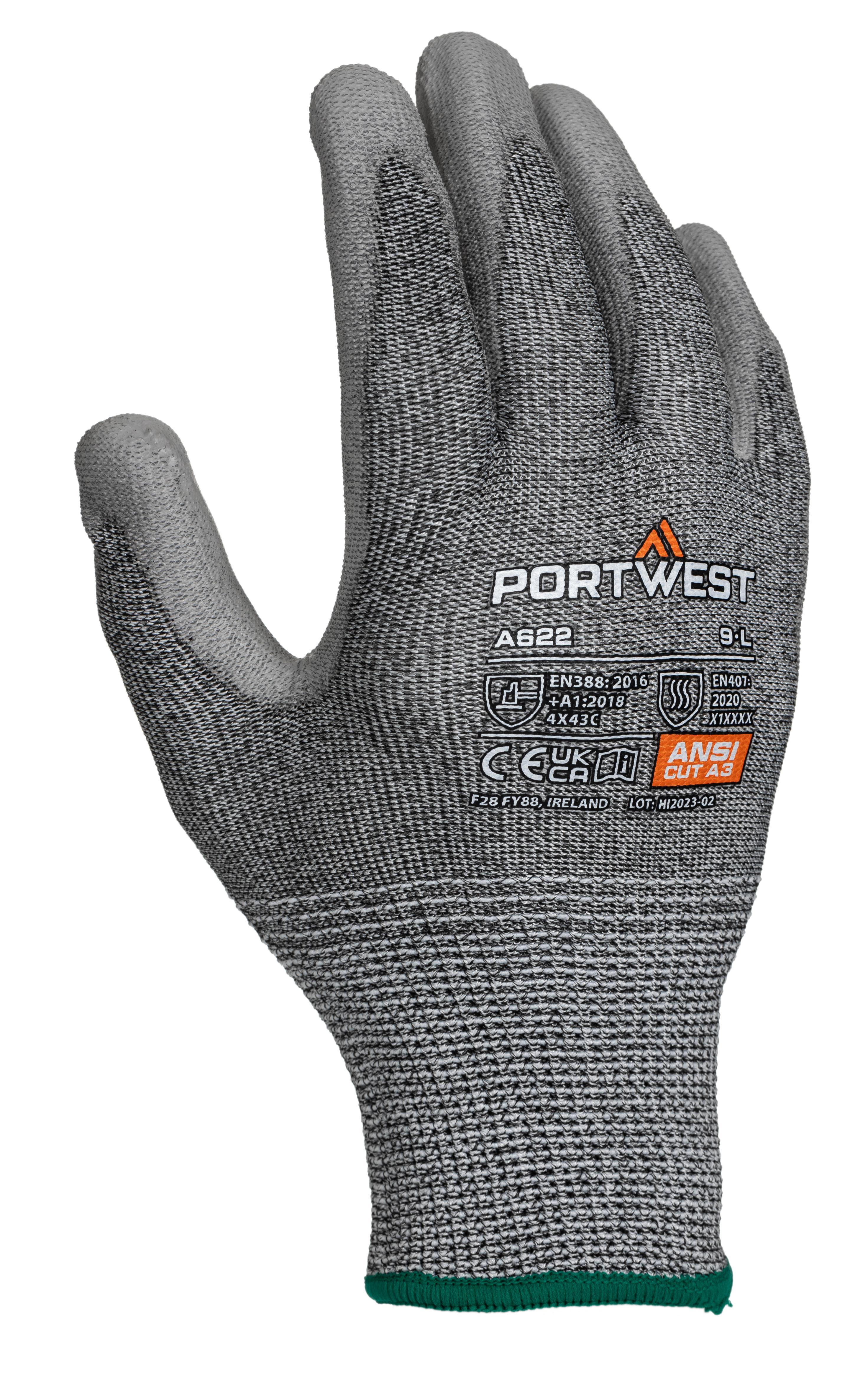 Portwest Grey Elastane, Elastic, Fibreglass, HPPE, Polyester Glove, Size 9, Polyurethane Coating