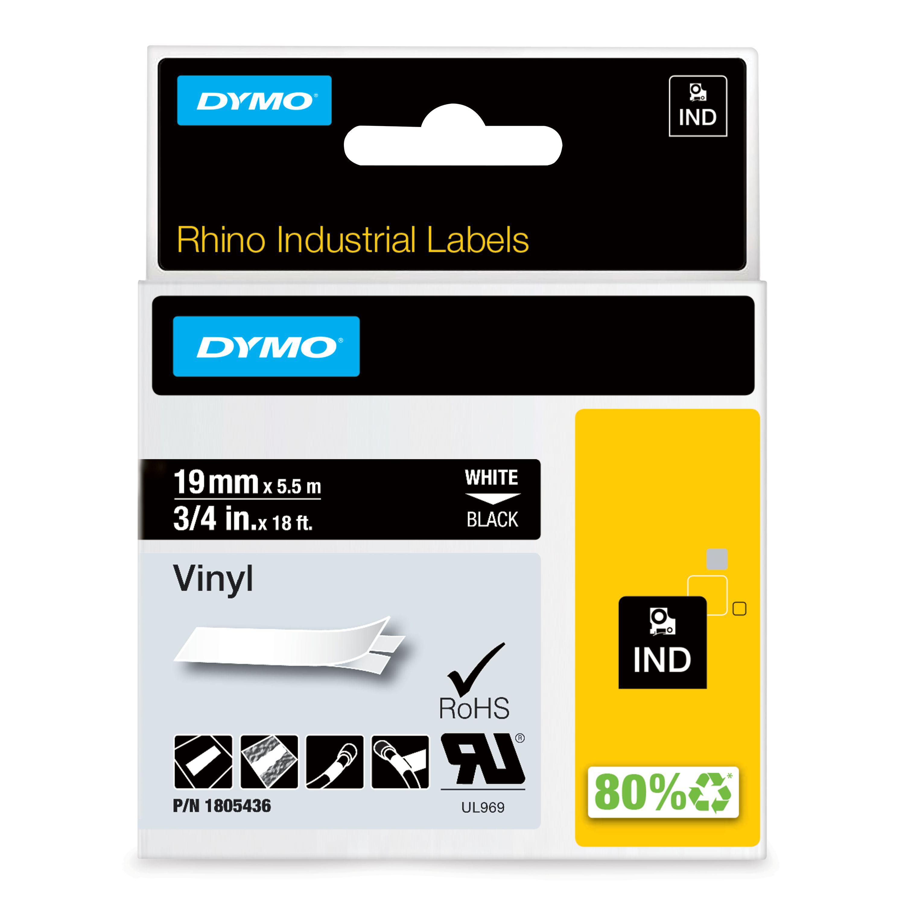 Dymo White on Black Label Printer Tape, 18 ft Length, 19 mm Width