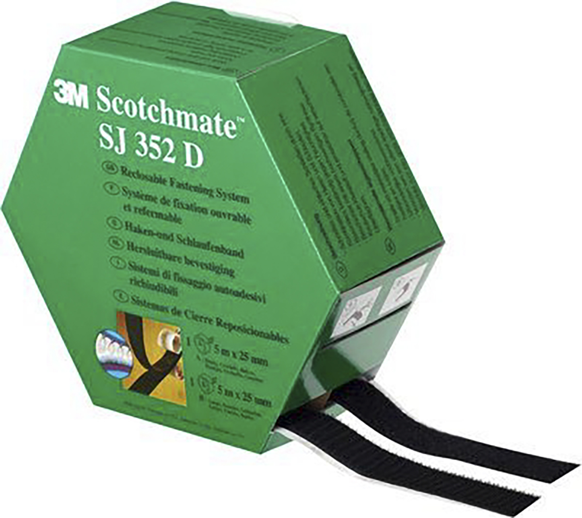3M Adhesive Black Hook & Loop Tape, 25mm x 5m