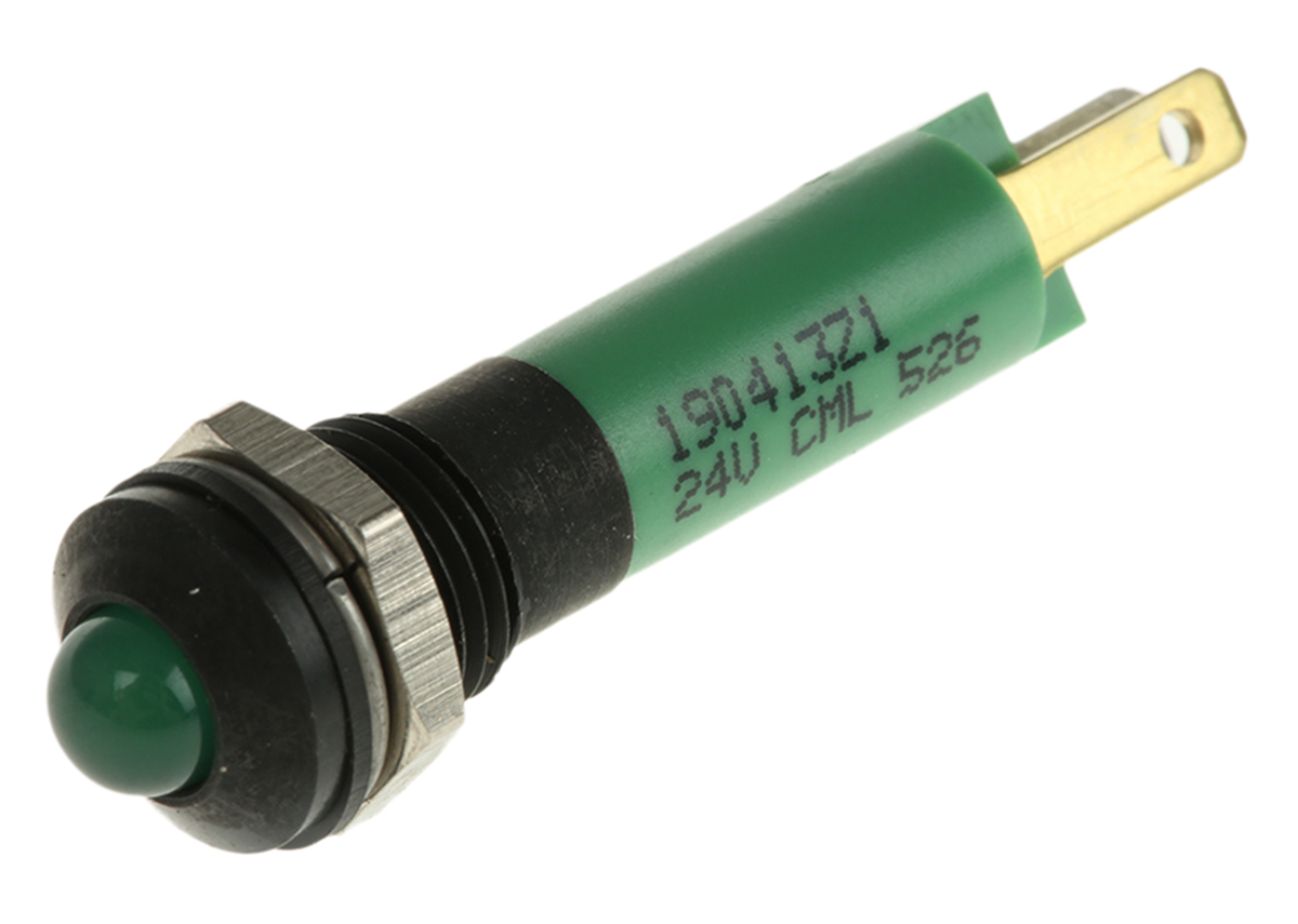 CML Innovative Technologies Green Panel Mount Indicator, 24V, 8mm Mounting Hole Size, Solder Tab Termination, IP67