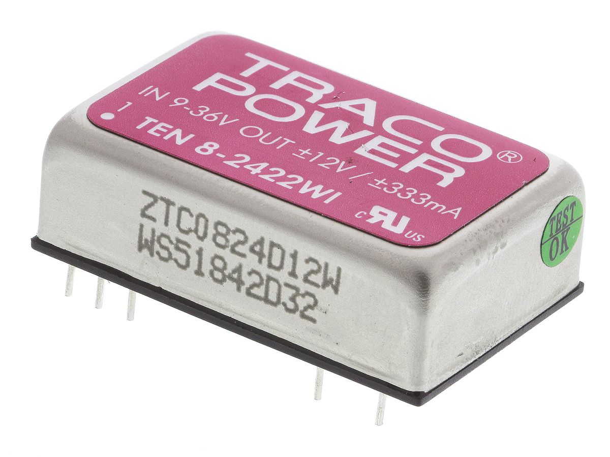 TRACOPOWER TEN 8WI DC-DC Converter, ±12V dc/ ±335mA Output, 9 → 36 V dc Input, 8W, Through Hole, +85°C Max Temp