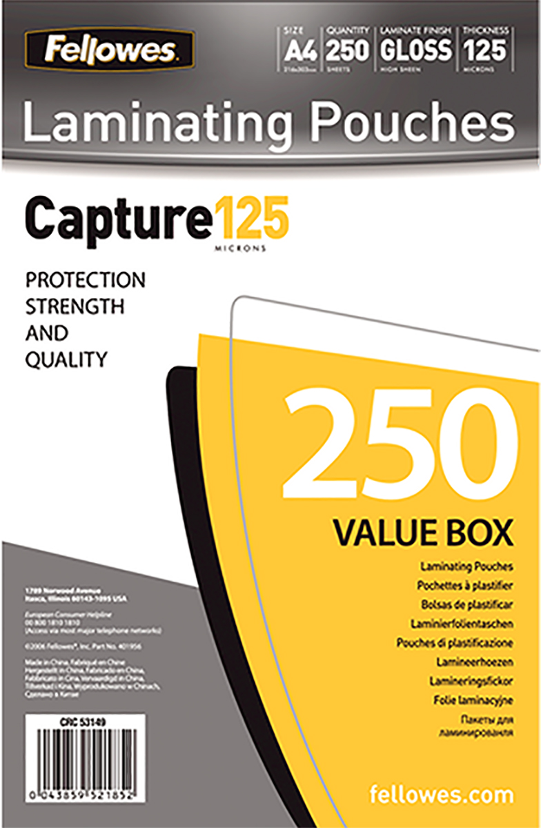 Fellowes A4 Glossy  Laminator Pouches 125micron Thickness, 250 Pack Quantity