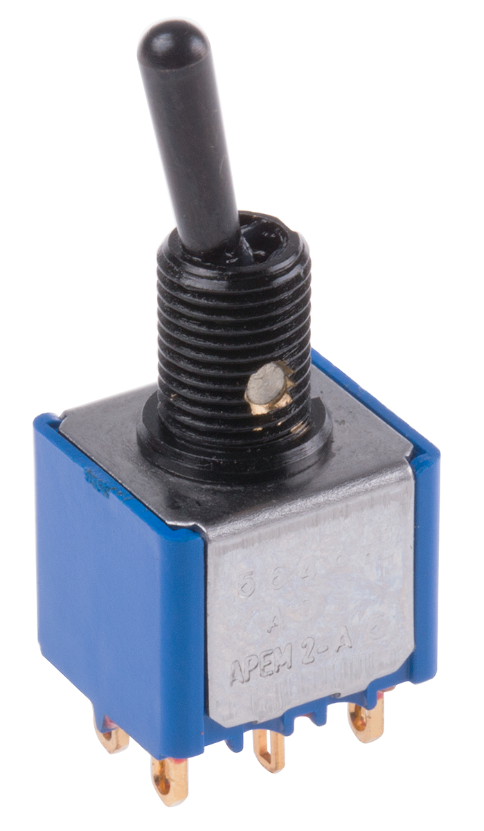 APEM Toggle Switch, Panel Mount, On-On, DPDT, Solder Lug Terminal, 30V dc