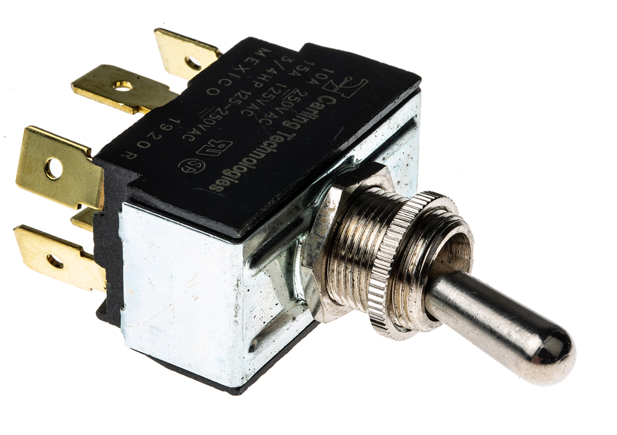 Carling Technologies Toggle Switch, Panel Mount, On-Off-On, DPDT, Tab Terminal, 250V ac