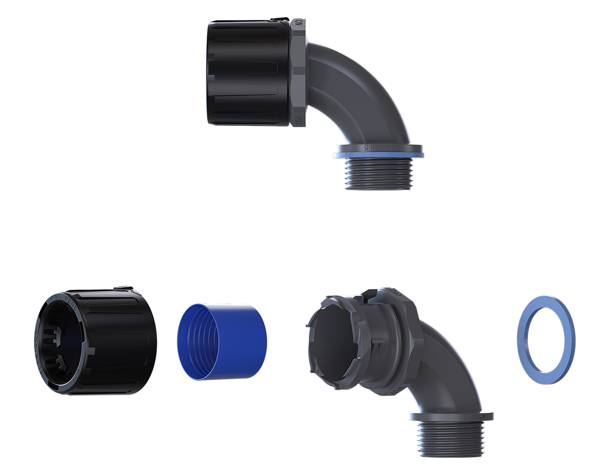 Flexicon 90° Elbow, Conduit Fitting, 21mm Nominal Size, M20, Nylon 66, Black, Grey IP66, IP67, IP68, IP69 rating