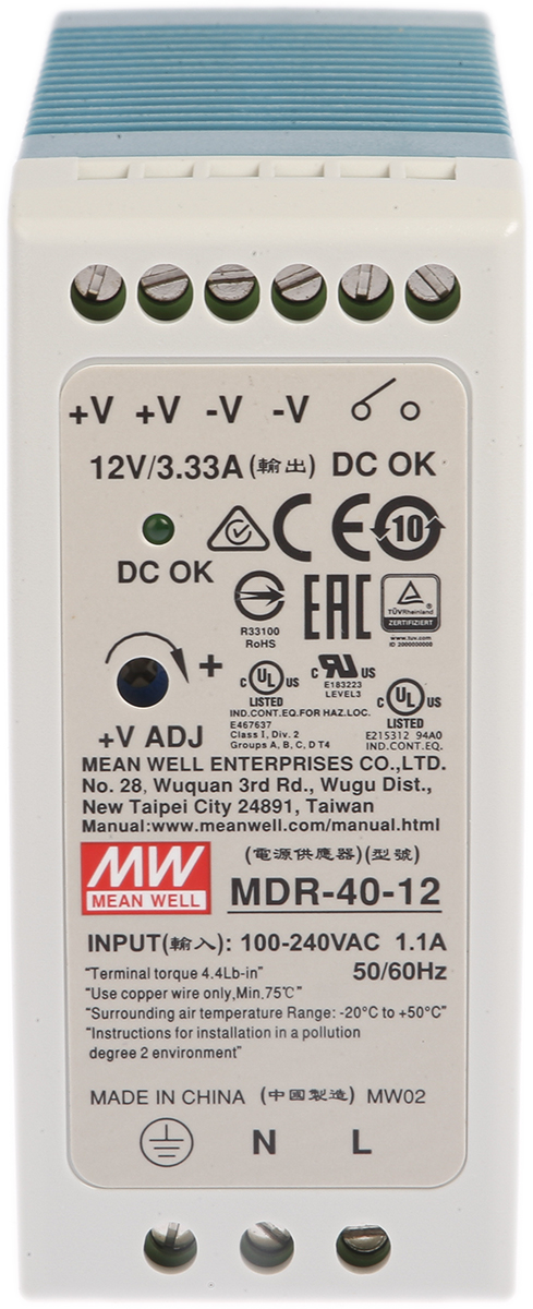MEAN WELL MDR Switched Mode DIN Rail Power Supply, 85 → 264V ac ac Input, 12V dc dc Output, 3.33A Output, 40W