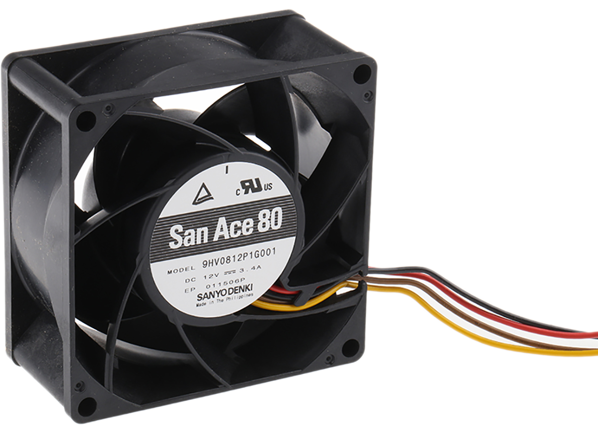 Sanyo Denki San Ace 9HV Series Axial Fan, 12 V dc, DC Operation, 222m³/h, 40.8W, 3.4A Max, 80 x 80 x 38mm
