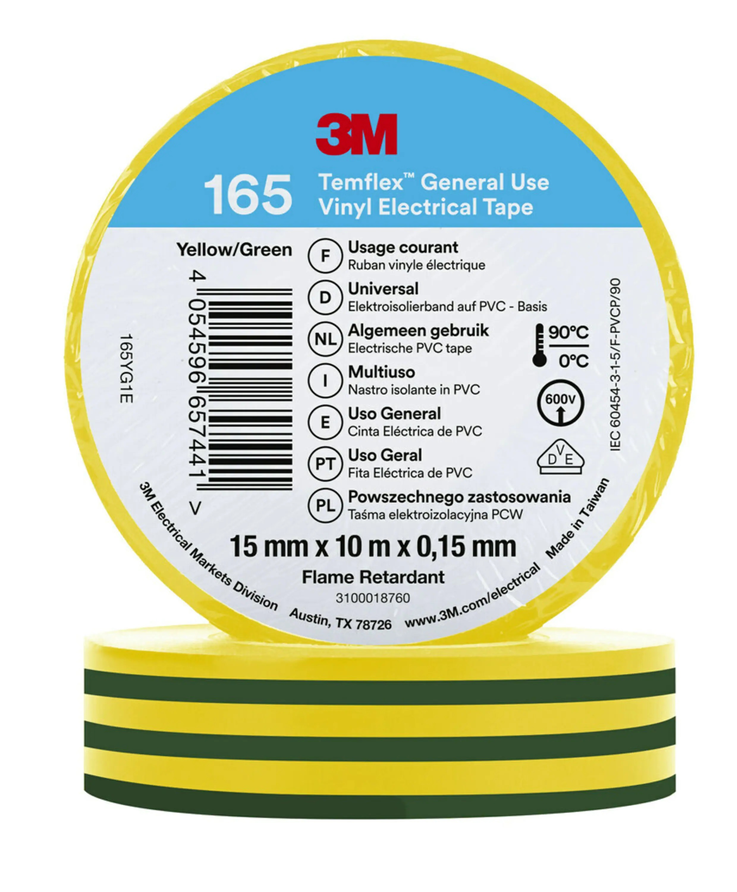 3M Temflex 165 Green, Yellow PVC Electrical Tape, 15mm x 10m