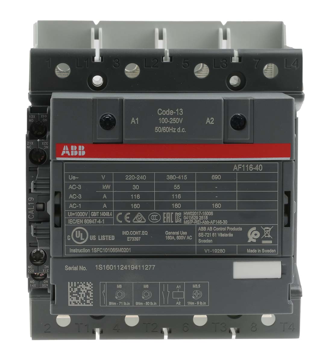 ABB AF116 AF Contactor, 230 V ac Coil, 4-Pole, 160 A, 55 kW, 4NO, 690 V ac