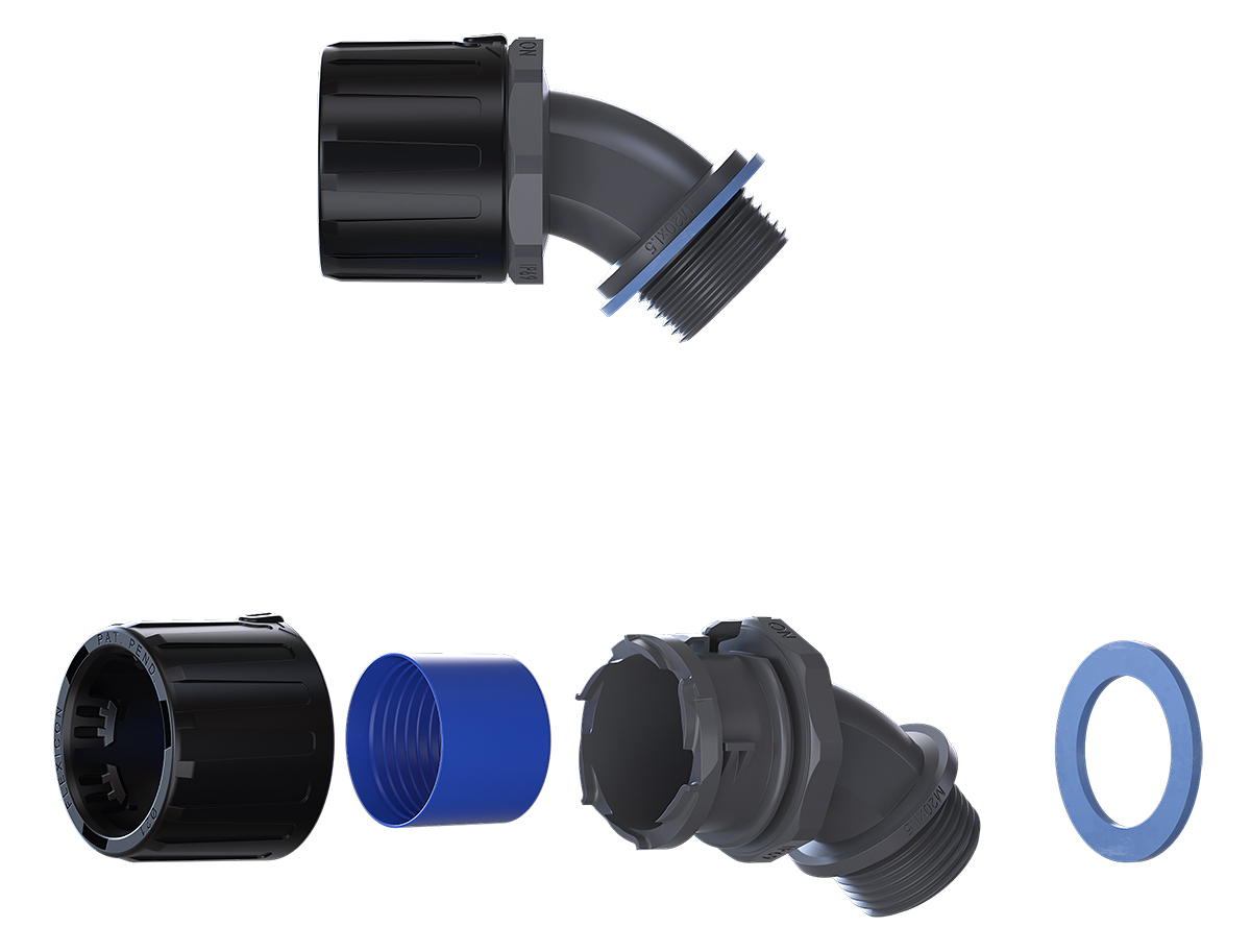 Flexicon 45° Elbow, Conduit Fitting, 34mm Nominal Size, M32, Nylon 66, Black, Grey IP66, IP67, IP68, IP69 rating