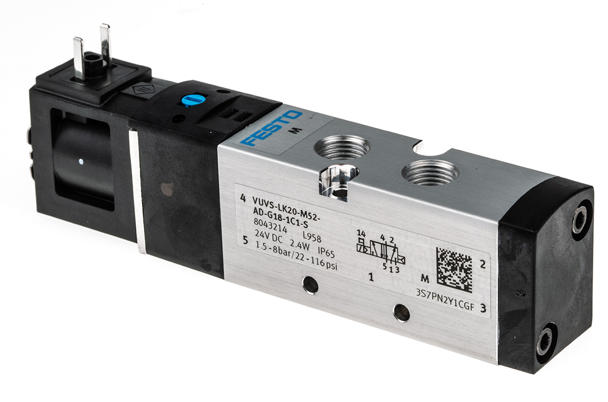 Festo 5/2 Solenoid Valve - Solenoid/Spring G 1/8 VUVS Series 24V dc, 8043214