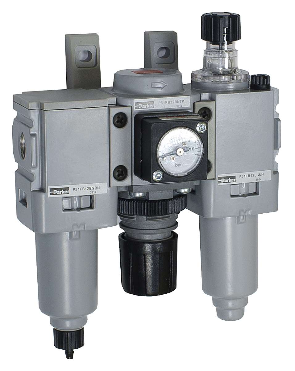 Parker G 1/4 FRL, Manual Drain, 5μ Filtration Size - With Pressure Gauge
