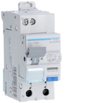 Hager RCBO, 32A Current Rating, 1P Poles, 30mA Trip Sensitivity, Type AC