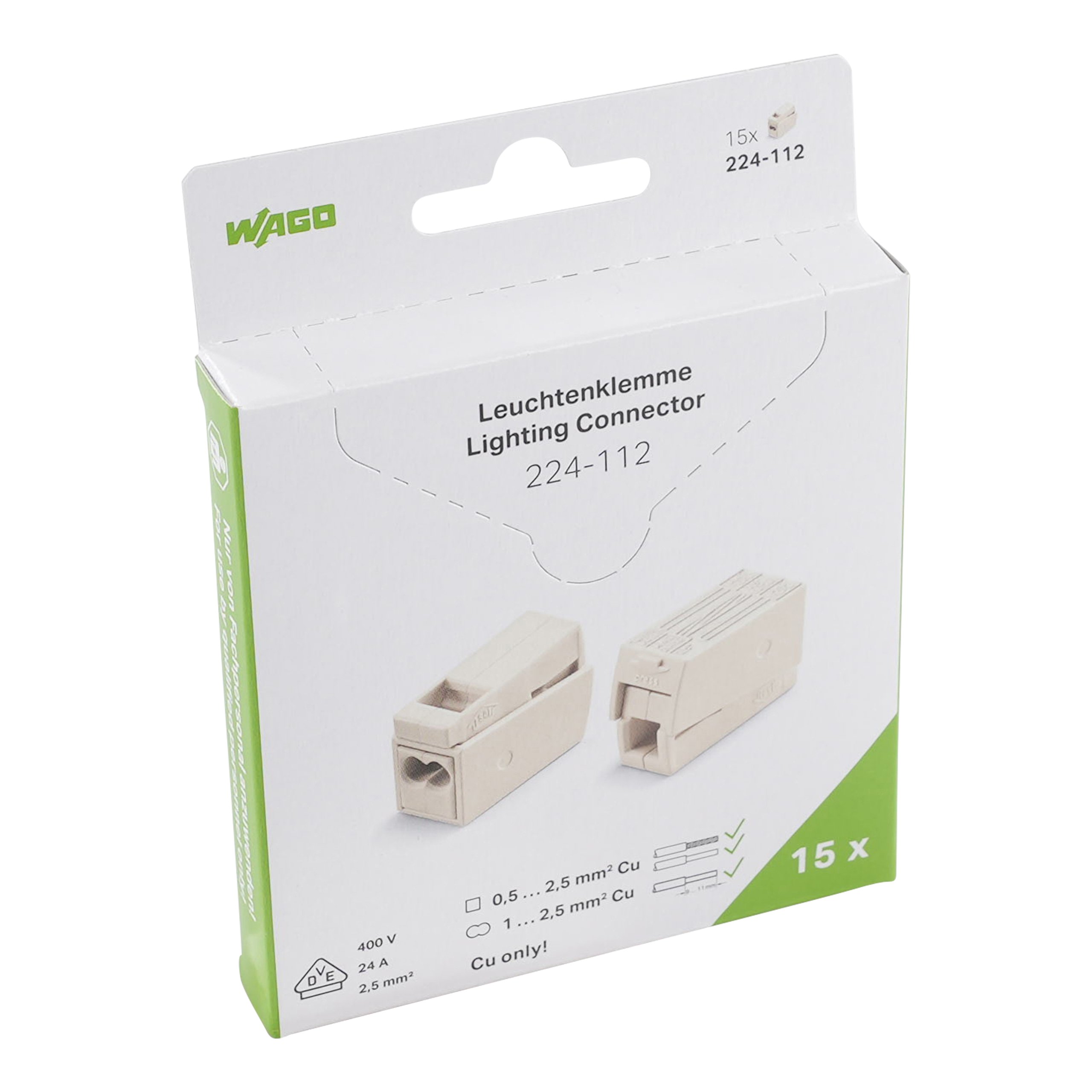 WAGO, 224, 2 Way, , Pluggable Terminal Block, Press-In Termination, 224-112/995-015