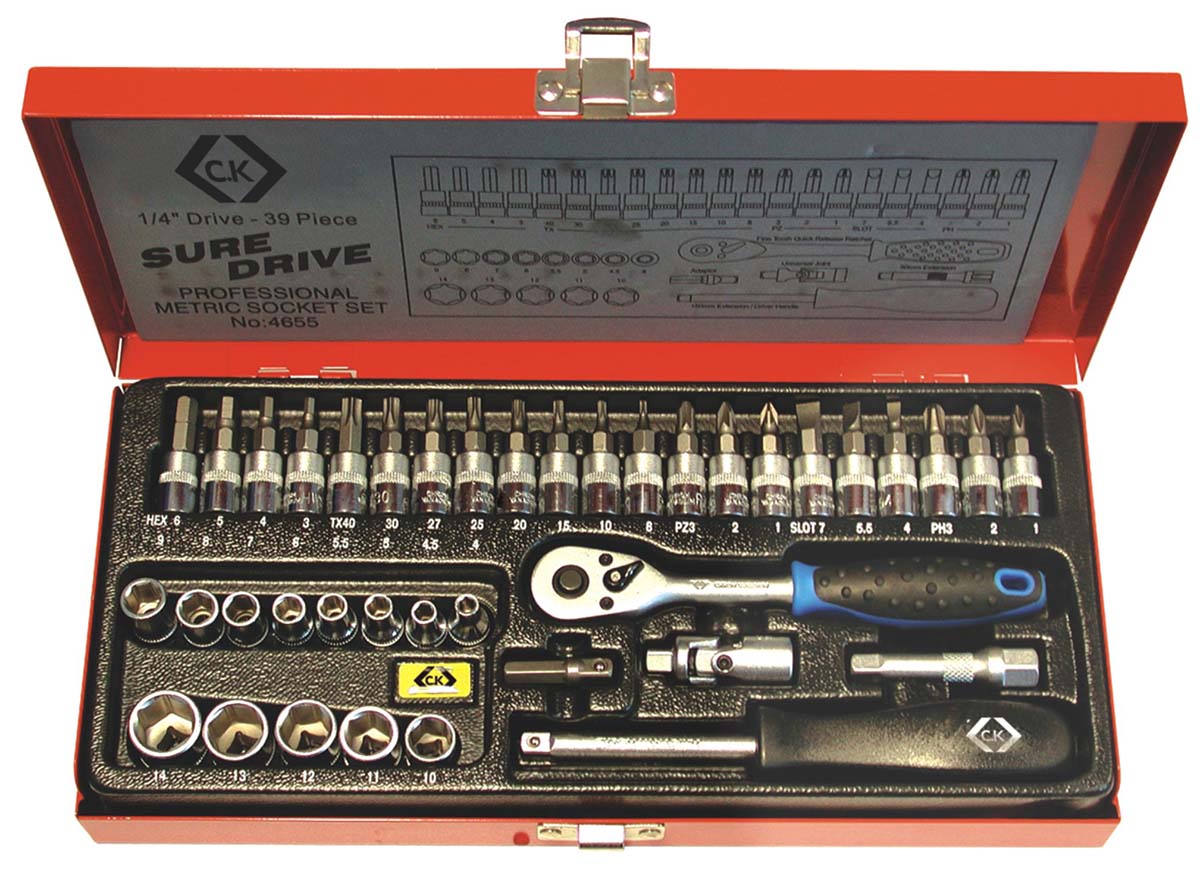 CK 39-Piece Metric 1/4 in Standard Socket/Bit Set with Ratchet, 6 point; Hex Bit; Slotted Bit; Tamperproof Torx Bit