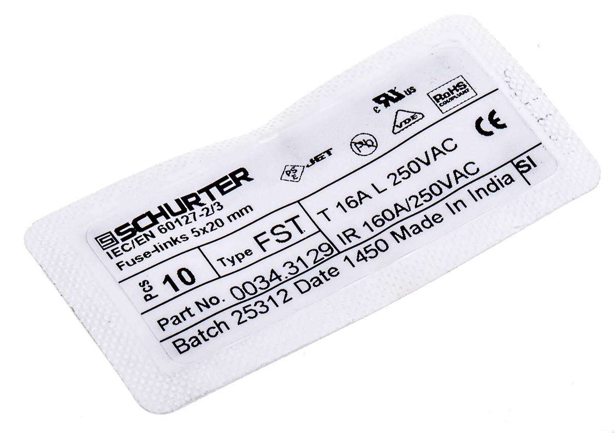 Schurter 16A T Glass Cartridge Fuse, 5 x 20mm