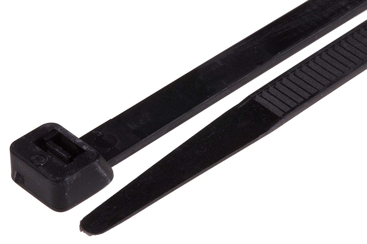 RS PRO Cable Tie, Flame Retardant, 380mm x 7.6 mm, Black Nylon, Pk-100