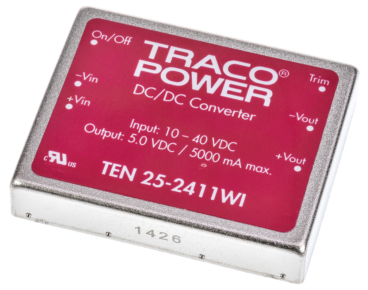 TRACOPOWER TEN 25WI DC-DC Converter, 5V dc/ 5A Output, 10 → 40 V dc Input, 25W, Through Hole, +85°C Max Temp