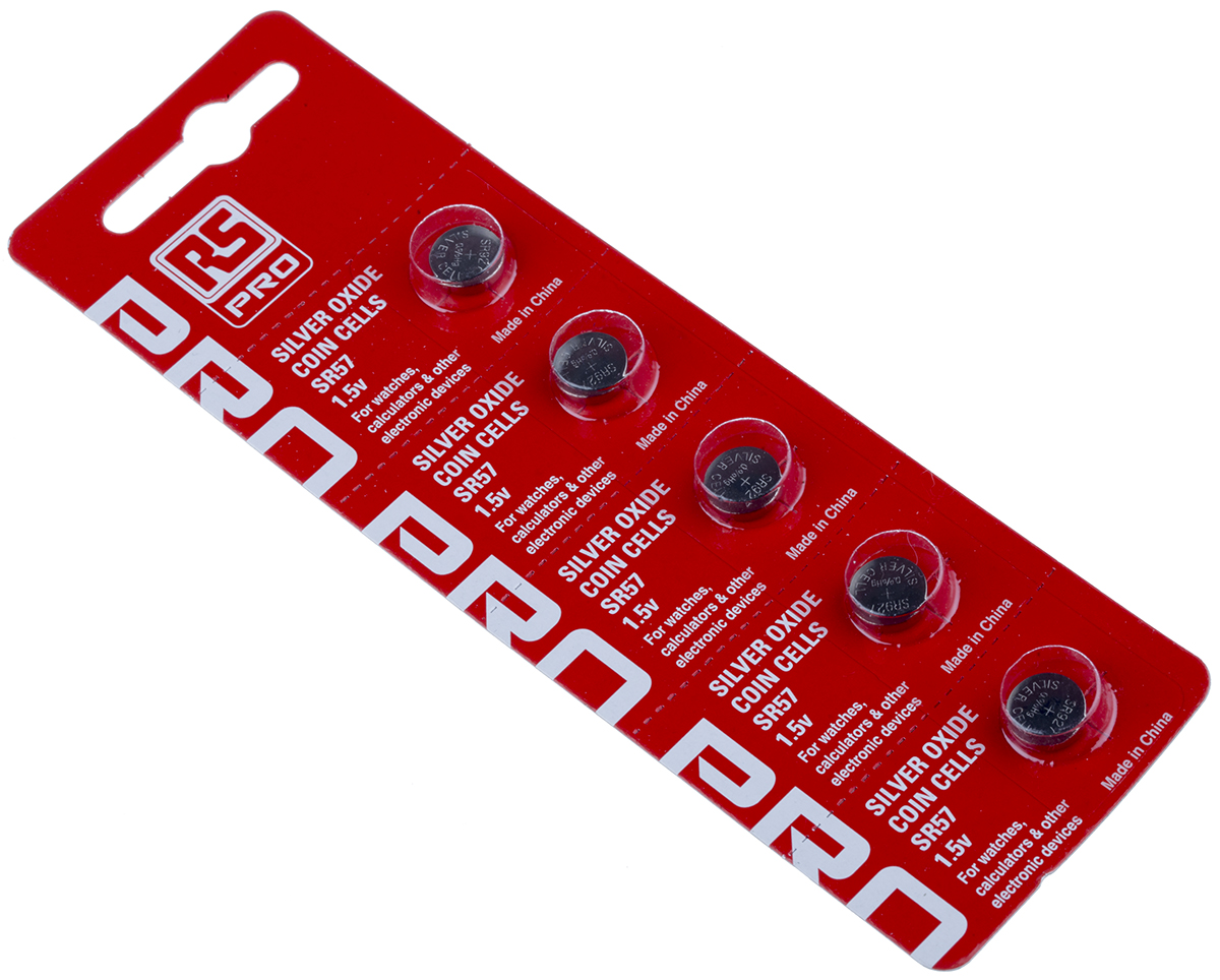 RS PRO SR57 Button Batteries, 1.55V, 9.5mm Diameter, 5 Pack