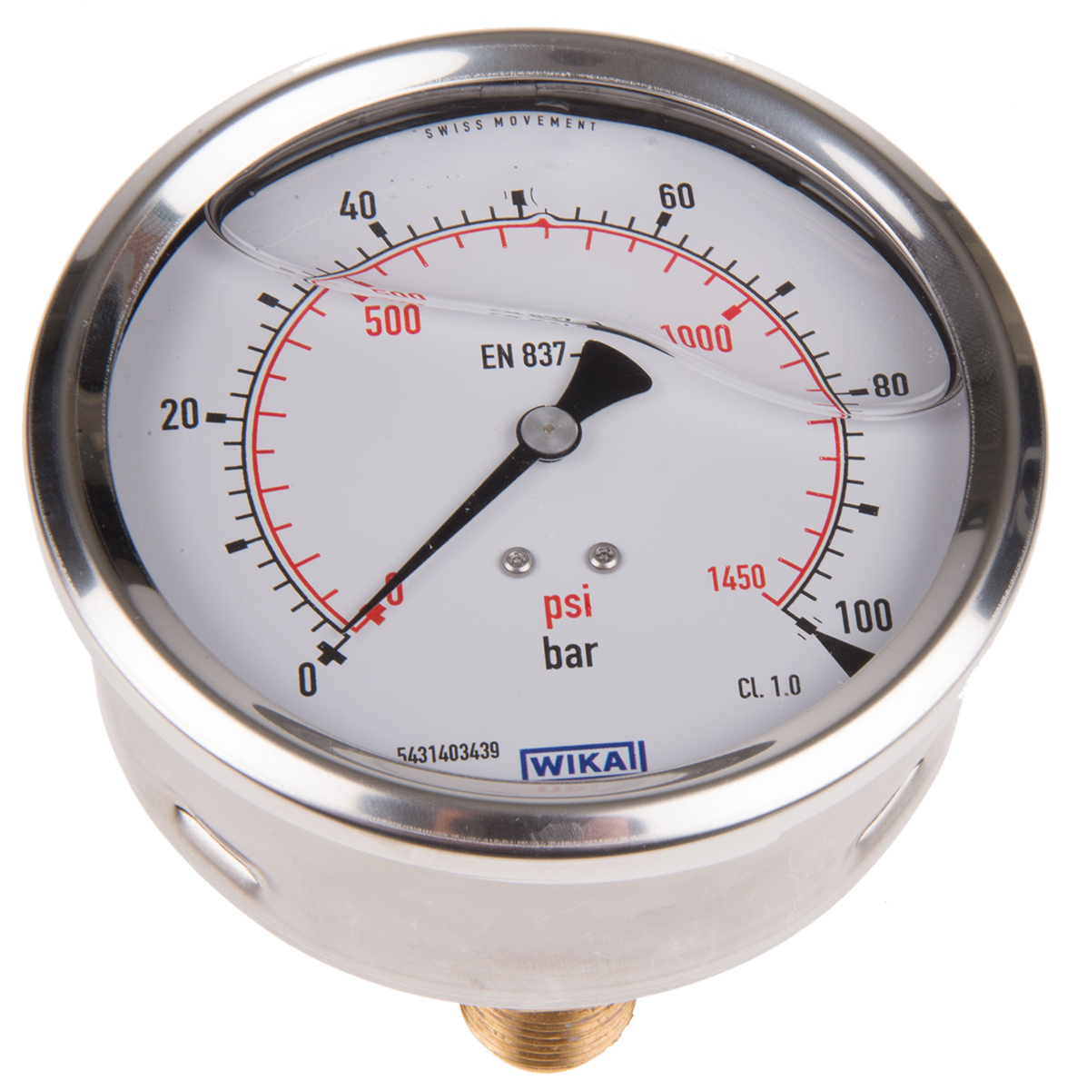 WIKA Analogue Pressure Gauge 100bar Back Entry 100mm Outside Diameter