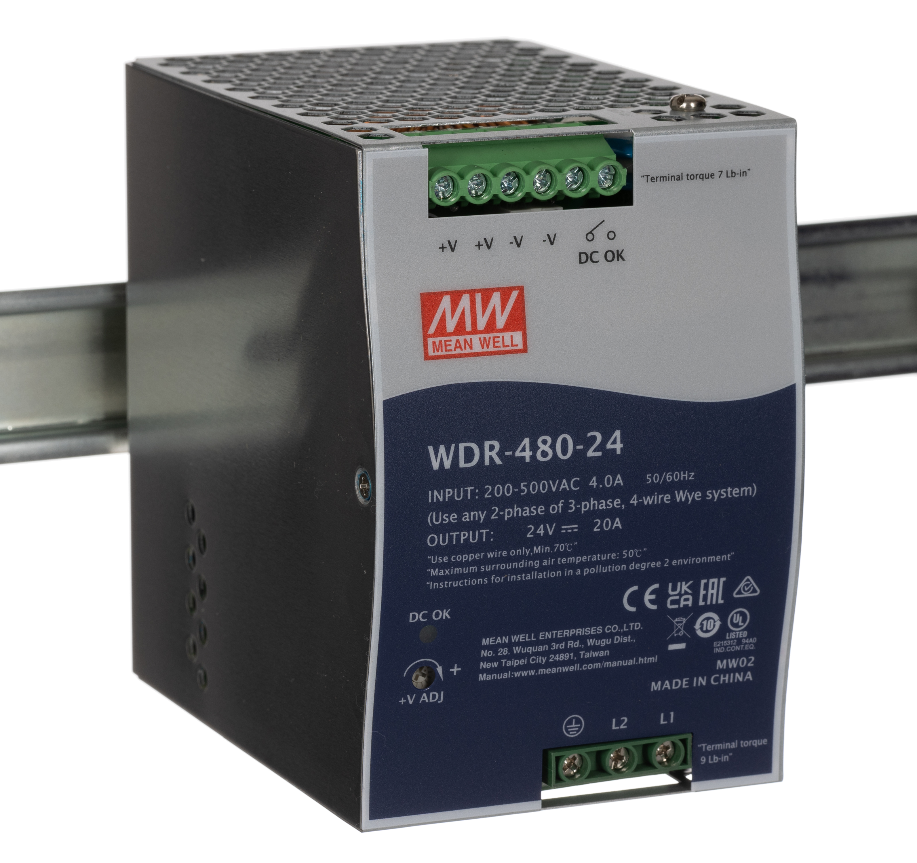 MEAN WELL WDR Switched Mode DIN Rail Power Supply, 180 → 550V ac ac Input, 24V dc dc Output, 20A Output, 480W