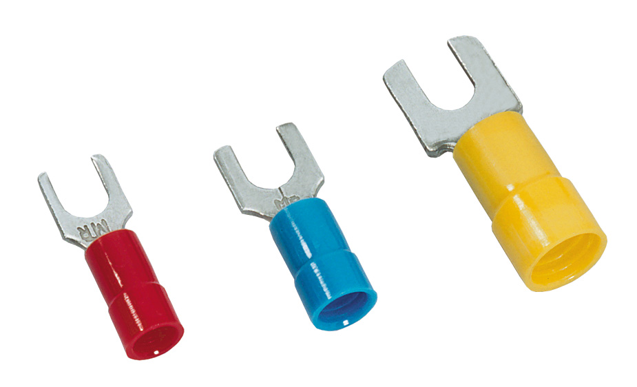 MECATRACTION NRGF Insulated Fork Terminal, 14AWG to 10AWG, 6mm Stud Size Polyamide, Yellow