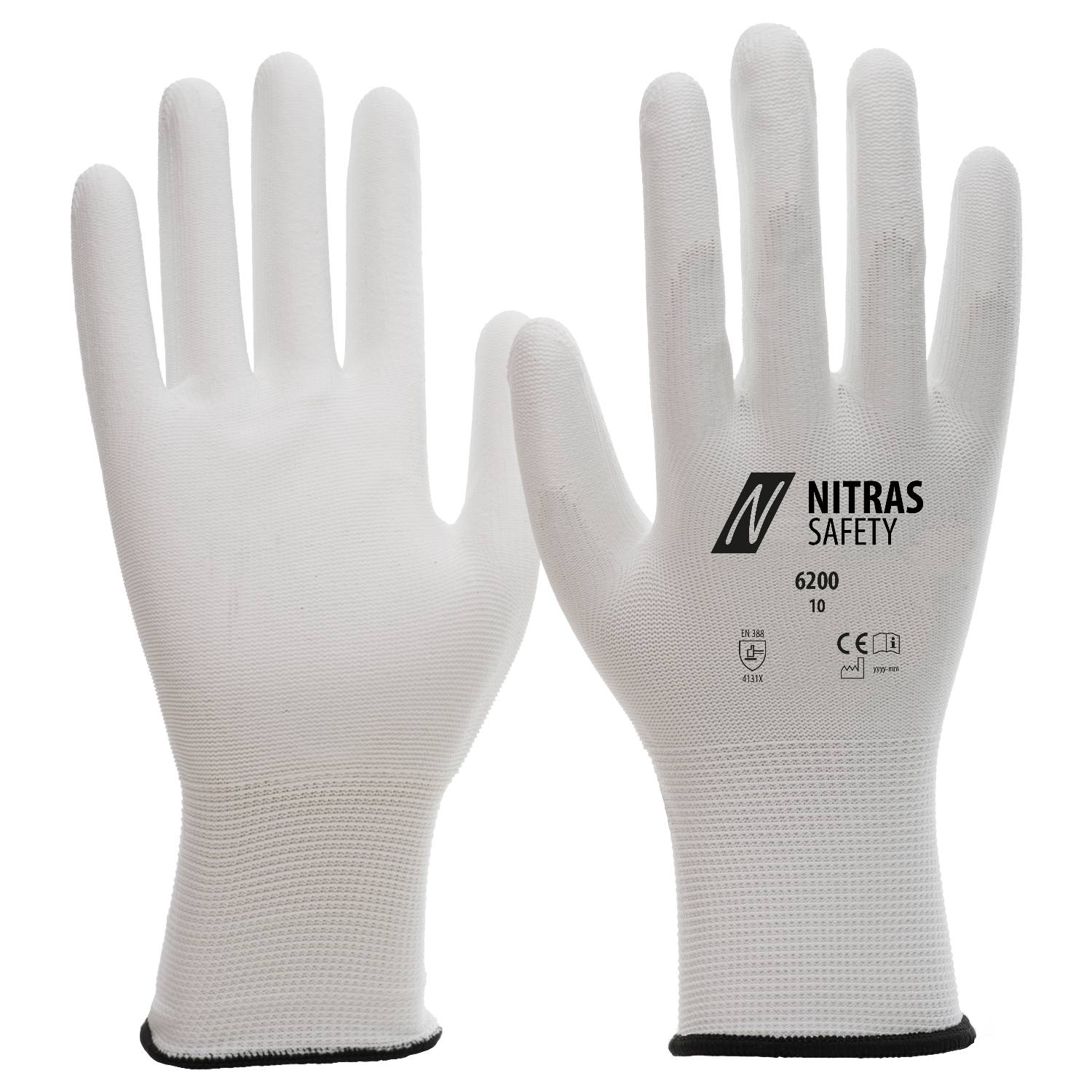 NITRAS SAFETY White Nylon Nylon Glove, Size 9, Polyurethane Coating