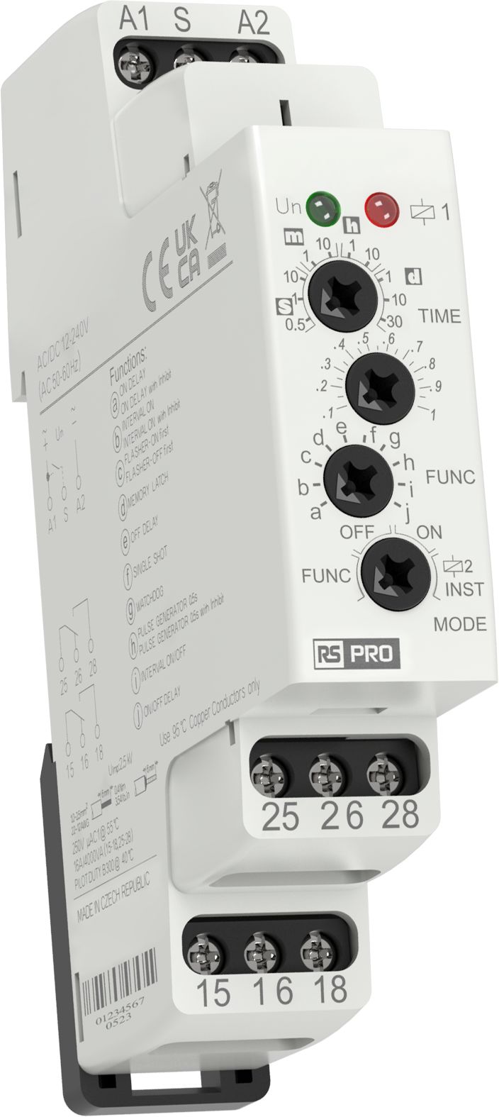 RS PRO DIN Rail Mount Timer Relay, 12 → 240V ac/dc, 2-Contact, 50 m/s → 30days, 10-Function, SPDT