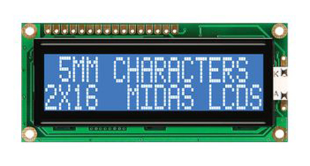 Midas MC21605G6WD-BNMLW-V2 G Alphanumeric LCD Display, Blue on White, 2 Rows by 16 Characters, Transmissive