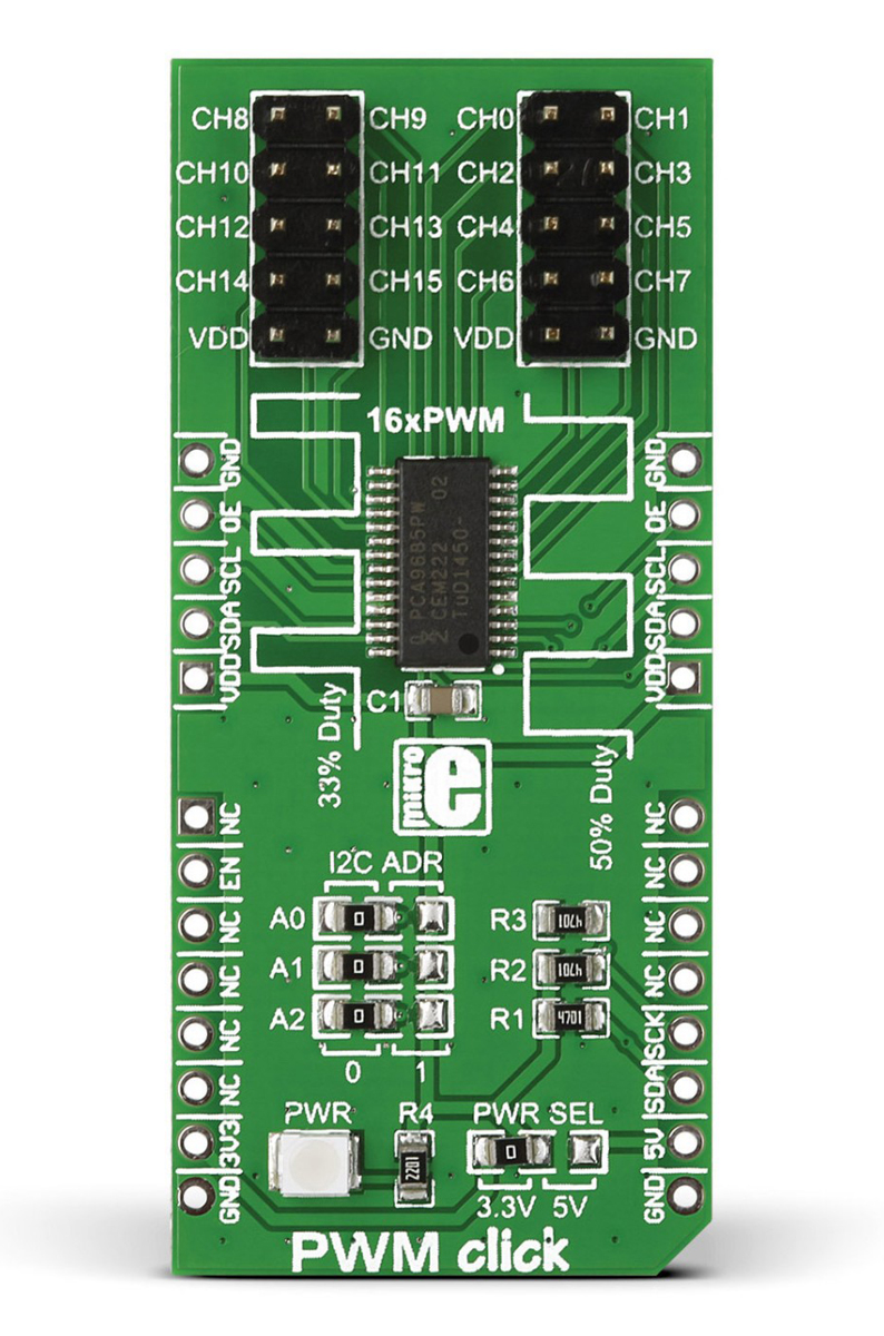 MikroElektronika PWM Click PWM Controller for PCA9685PW for Robots, Servo Motors, LED Drivers