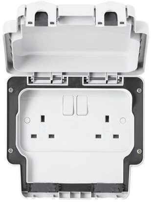 MK Electric White 2 Gang Plug Socket, 2 Poles, 13A, Type G - British, Outdoor Use