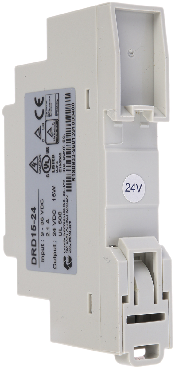 Chinfa DRD15 DC-DC Converter, 24V dc/ 630mA Output, 9 → 36 V dc Input, 15W, DIN Rail Mount, +71°C Max Temp -40°C