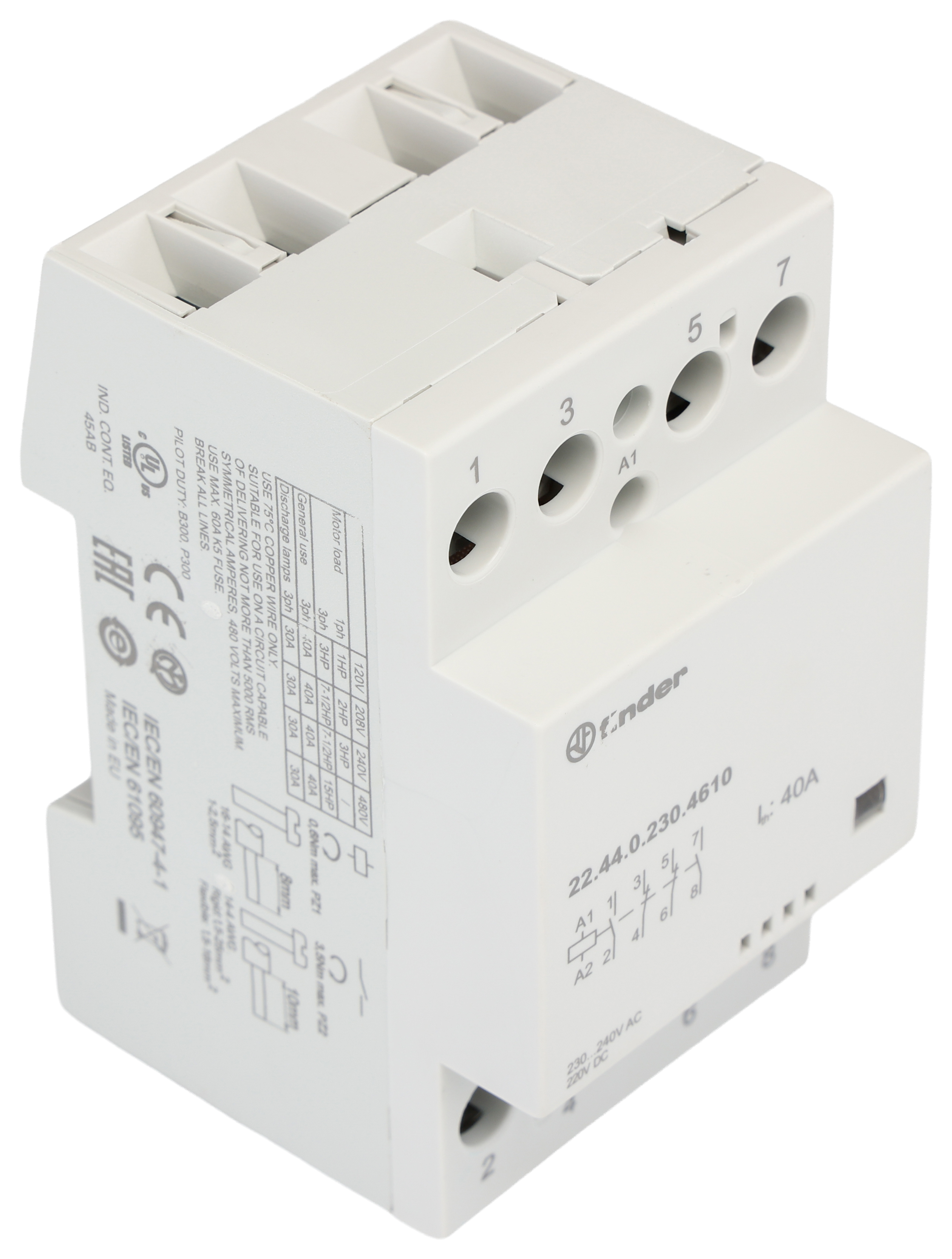 Finder 22 Contactor, 240 V ac Coil, 4-Pole, 40 A, 6 VA, 2 NO/2 NC, 400V ac, 480 V ac