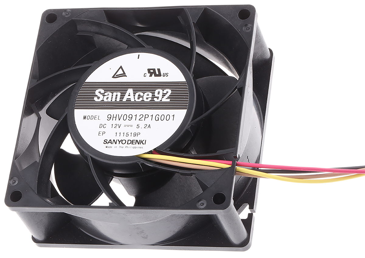 Sanyo Denki San Ace 9HV Series Axial Fan, 12 V dc, DC Operation, 306m³/h, 62.4W, 5.2A Max, 92 x 92 x 38mm