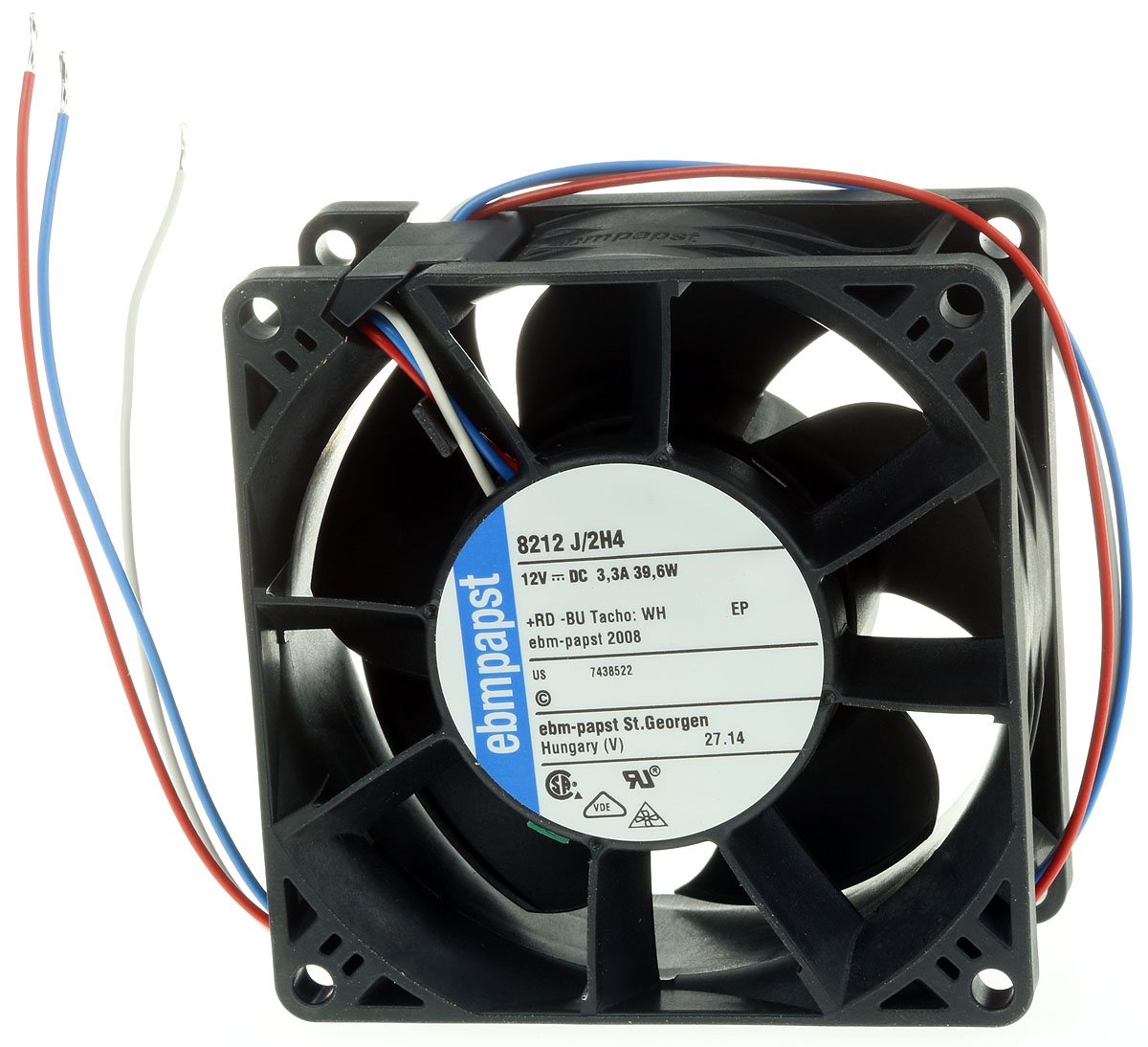 ebm-papst 8200 J Series Axial Fan, 12 V dc, DC Operation, 222m³/h, 39W, 80 x 80 x 38mm
