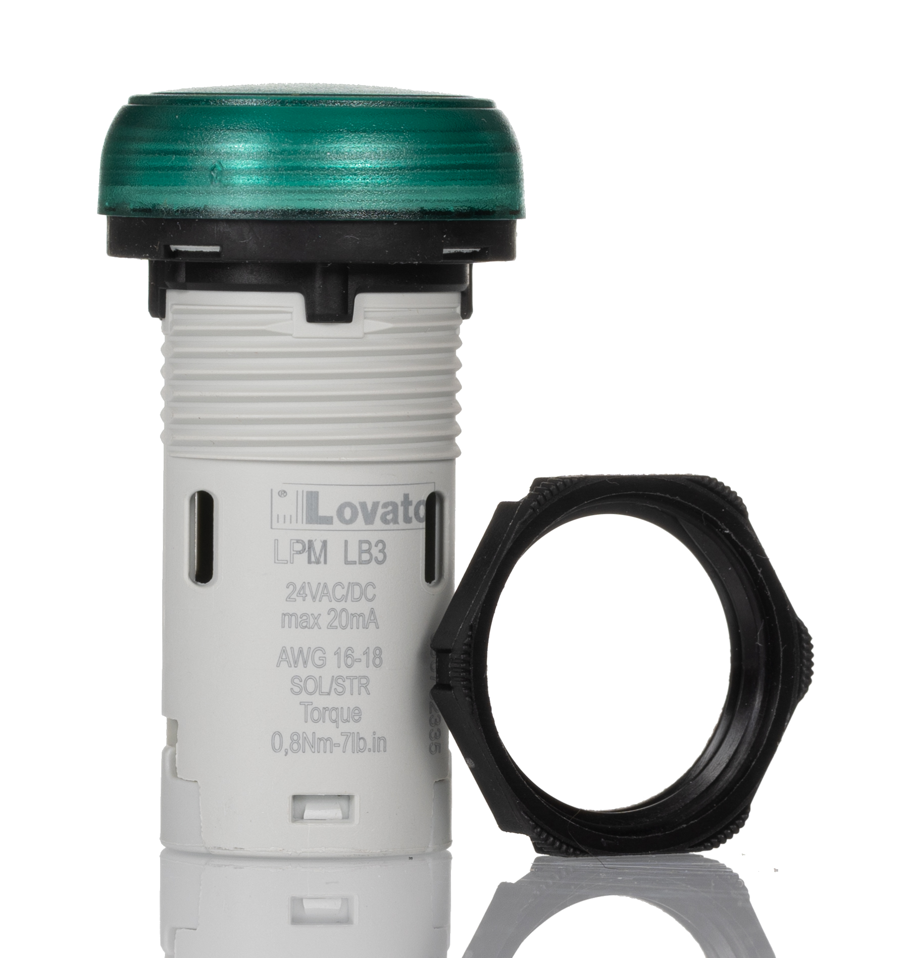 Lovato, LPML, Panel Mount Green LED Pilot Light, 22mm Cutout, IP66, IP67, IP69K, Round, 24V