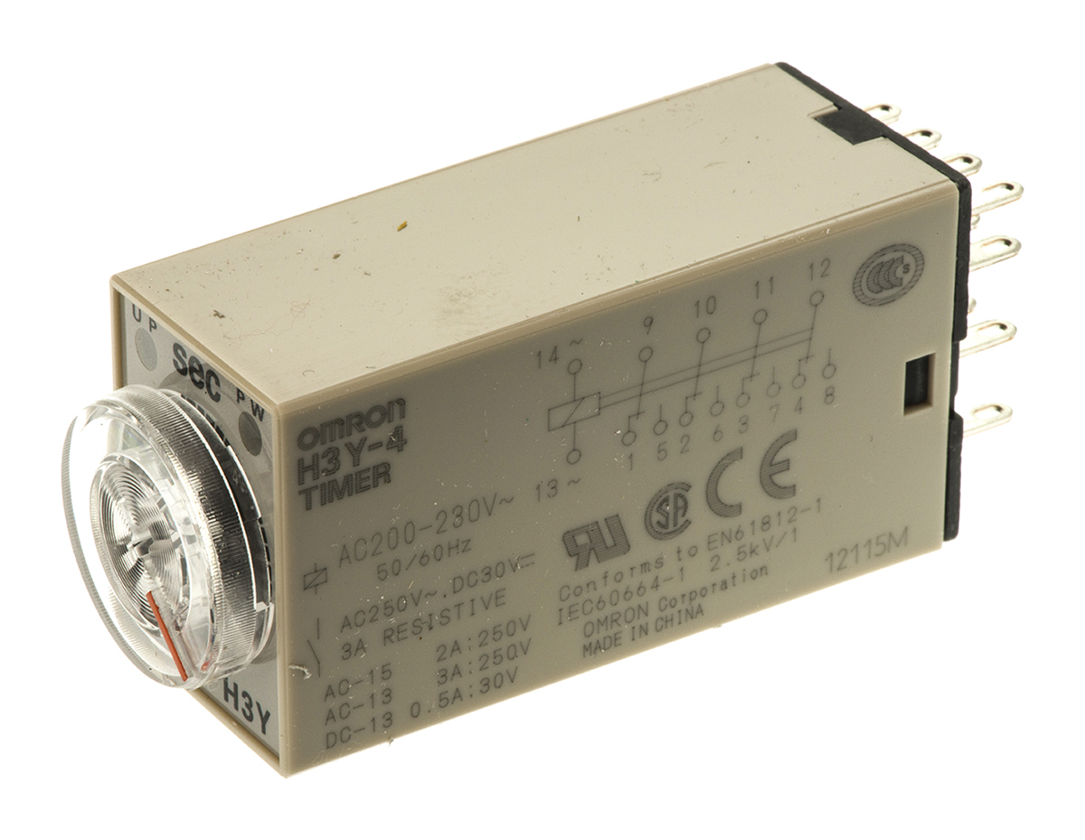 Omron H3Y Series DIN Rail, Surface Mount Timer Relay, 200 → 230V ac, 4-Contact, 2 → 60s, 1-Function, 4PDT