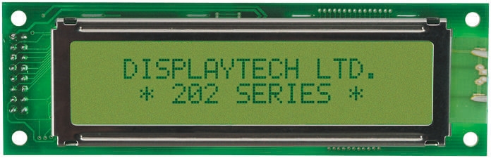Displaytech 202A-BA-BC Alphanumeric LCD Display, Yellow on Green, 2 Rows by 20 Characters, Reflective