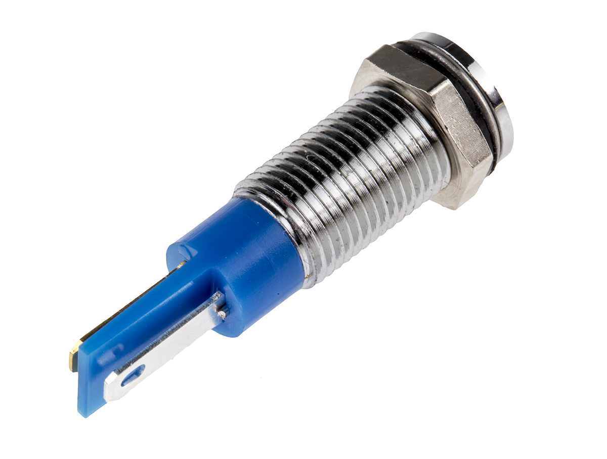 RS PRO Blue Panel Mount Indicator, 24V dc, 8mm Mounting Hole Size, Faston, Solder Lug Termination, IP67